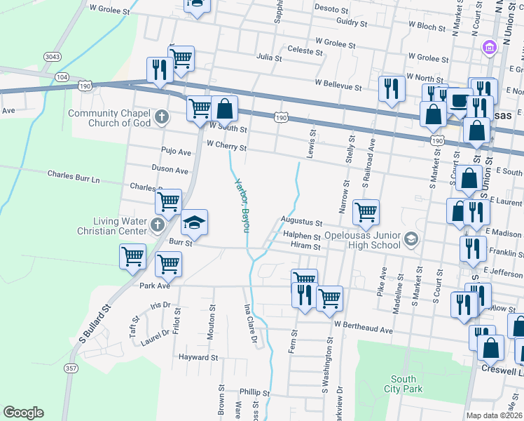 map of restaurants, bars, coffee shops, grocery stores, and more near 817-827 Aaron Kimble Avenue in Opelousas