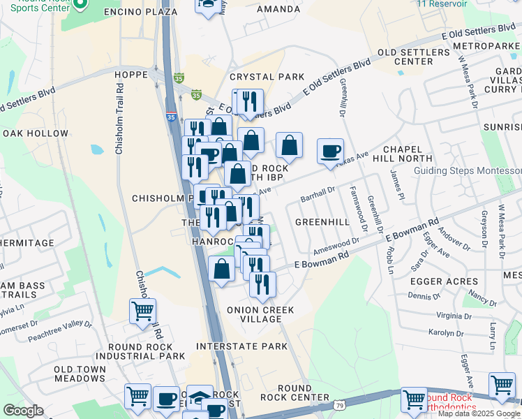 map of restaurants, bars, coffee shops, grocery stores, and more near in Round Rock