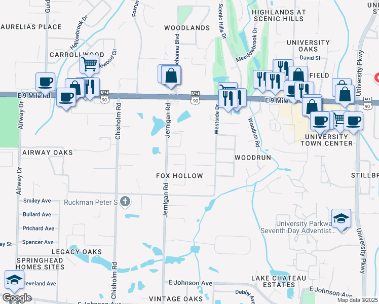 map of restaurants, bars, coffee shops, grocery stores, and more near 8728 Ramble Woods Drive in Pensacola