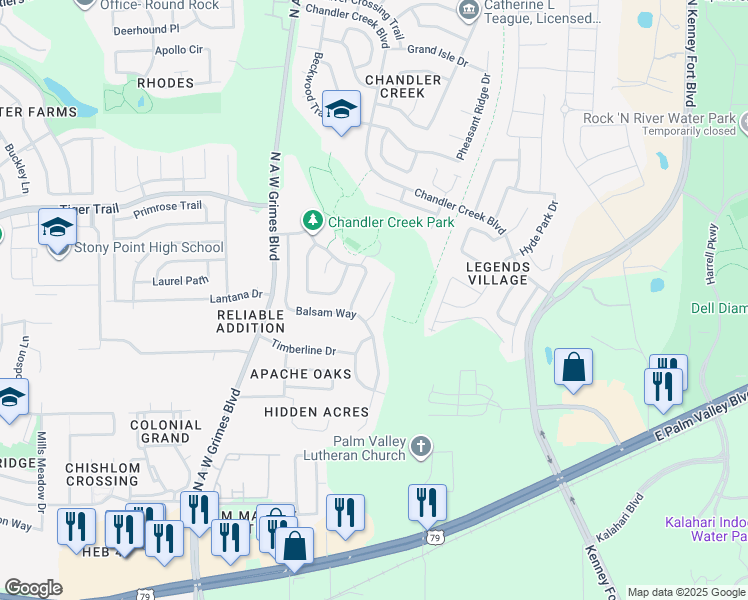 map of restaurants, bars, coffee shops, grocery stores, and more near 1820 Balsam Way in Round Rock