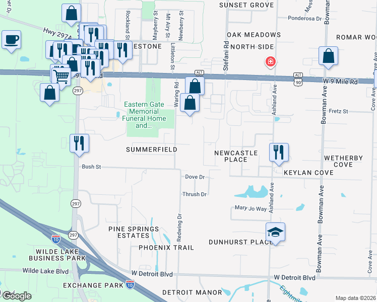 map of restaurants, bars, coffee shops, grocery stores, and more near 8960 Waring Road in Pensacola
