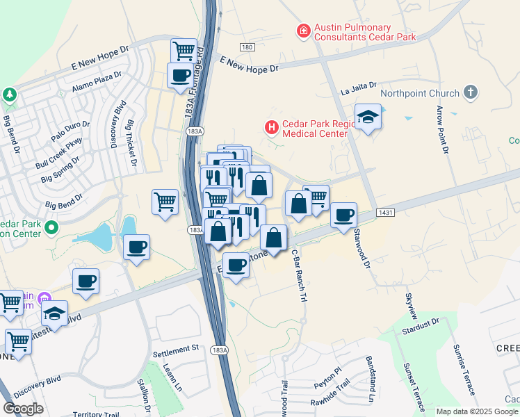 map of restaurants, bars, coffee shops, grocery stores, and more near 1101 C-Bar Ranch Trail in Cedar Park