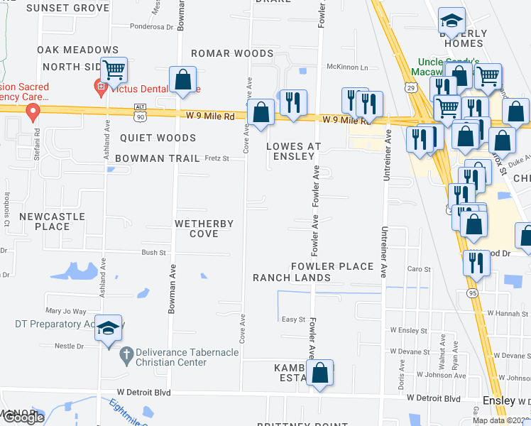 map of restaurants, bars, coffee shops, grocery stores, and more near 1015 Cynthia Lane in Pensacola