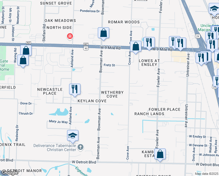 map of restaurants, bars, coffee shops, grocery stores, and more near 8903 Fullham Court in Pensacola