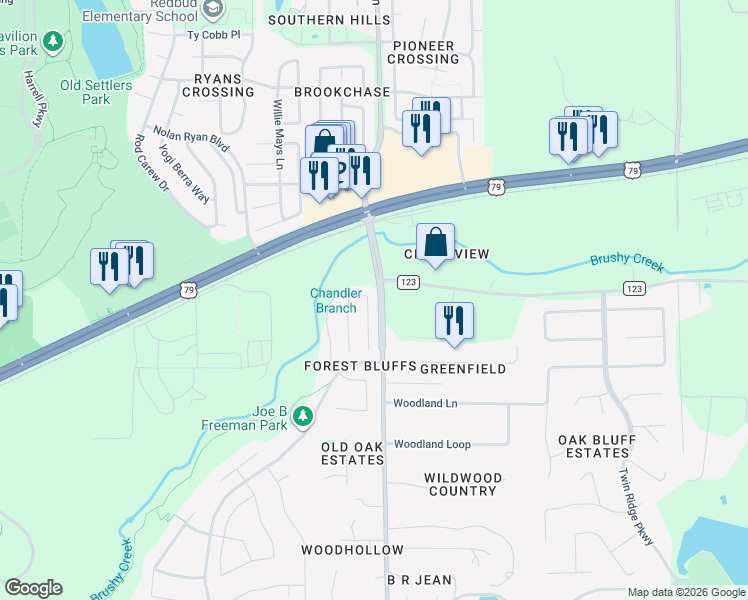 map of restaurants, bars, coffee shops, grocery stores, and more near 1168 Forest Bluff Trail in Round Rock