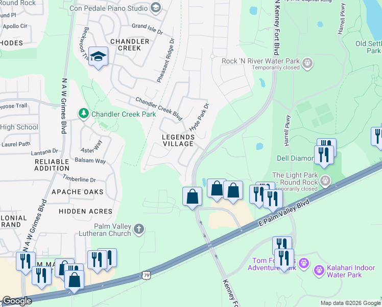 map of restaurants, bars, coffee shops, grocery stores, and more near 1020 Brighton Place in Round Rock