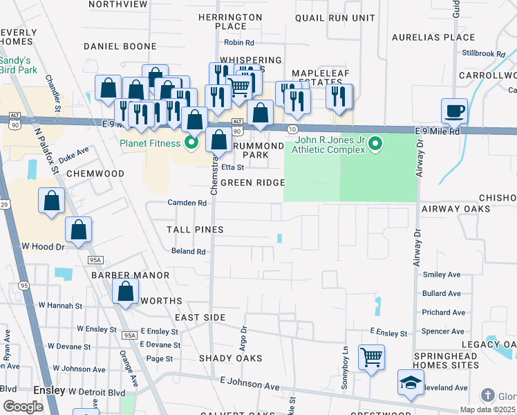 map of restaurants, bars, coffee shops, grocery stores, and more near 223 Camden Road in Pensacola