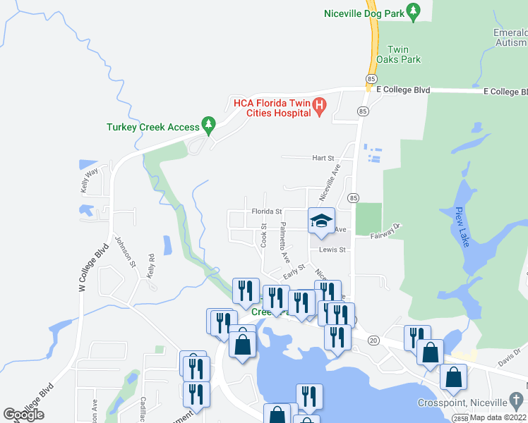 map of restaurants, bars, coffee shops, grocery stores, and more near 408 Cook Street in Niceville