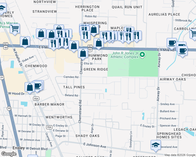 map of restaurants, bars, coffee shops, grocery stores, and more near 223 Camden Road in Pensacola