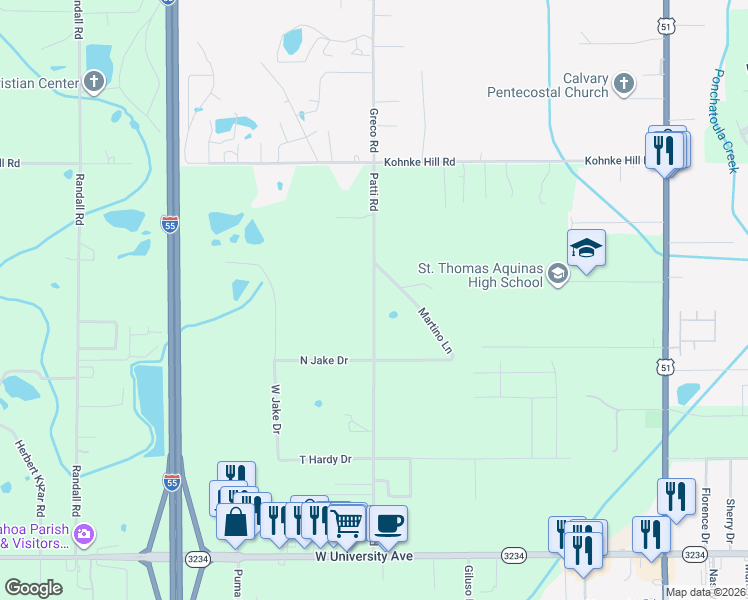 map of restaurants, bars, coffee shops, grocery stores, and more near 46328 Patti Road in Hammond