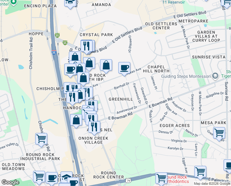 map of restaurants, bars, coffee shops, grocery stores, and more near 1901 Cameo Drive in Round Rock