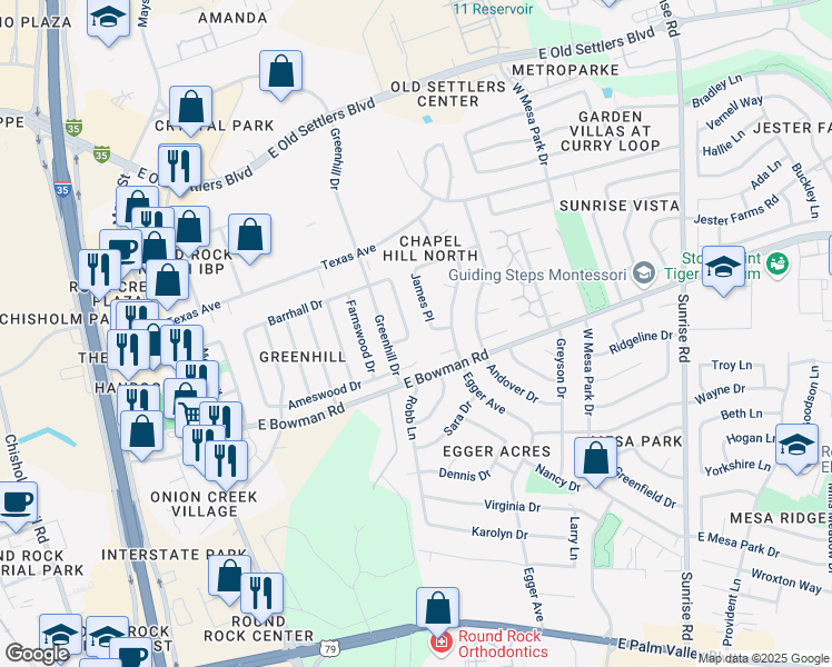 map of restaurants, bars, coffee shops, grocery stores, and more near 504 Ameswood Place in Round Rock