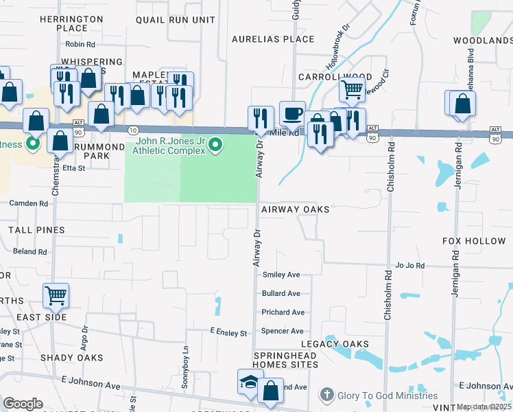 map of restaurants, bars, coffee shops, grocery stores, and more near 9091 Airway Drive in Pensacola