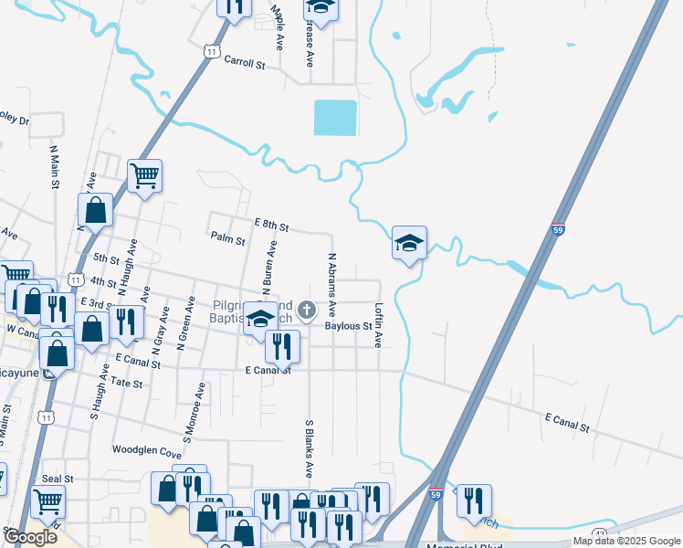map of restaurants, bars, coffee shops, grocery stores, and more near 400-498 North Abrams Avenue in Picayune
