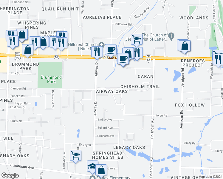 map of restaurants, bars, coffee shops, grocery stores, and more near 673 Mozingo Lane in Pensacola