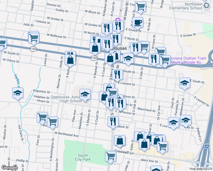 map of restaurants, bars, coffee shops, grocery stores, and more near 714 South Main Street in Opelousas