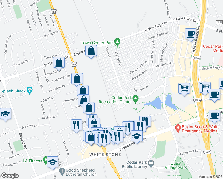 map of restaurants, bars, coffee shops, grocery stores, and more near 1511 Davis Mountain Loop in Cedar Park