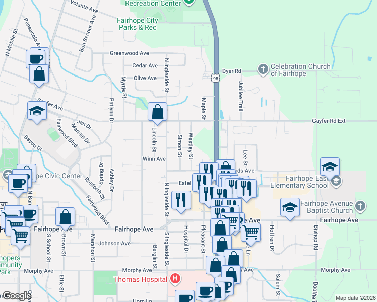 map of restaurants, bars, coffee shops, grocery stores, and more near 257 Westley Street in Fairhope