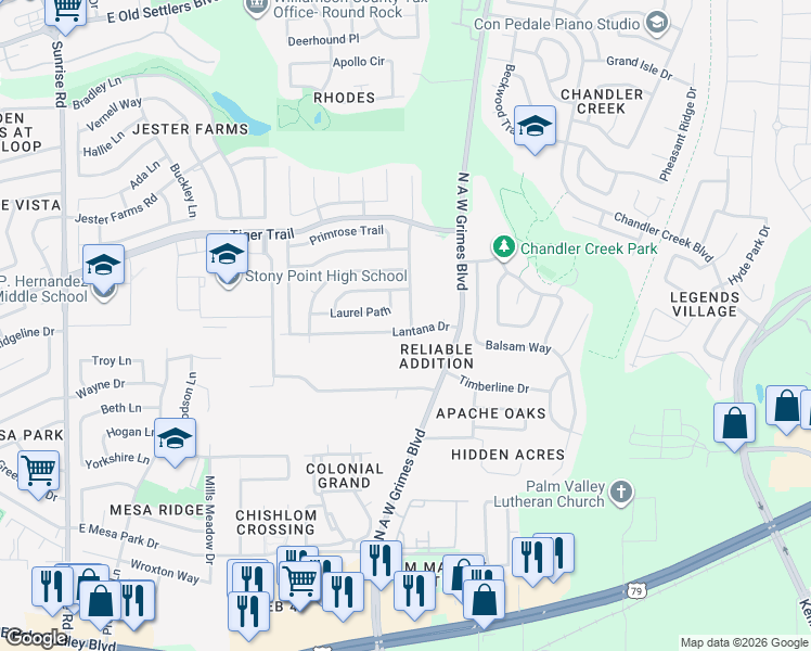map of restaurants, bars, coffee shops, grocery stores, and more near 1900 Bluebonnet Drive in Round Rock