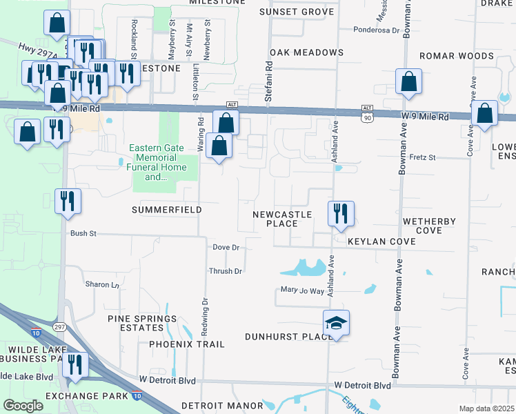 map of restaurants, bars, coffee shops, grocery stores, and more near 8988 Brigade Trail in Pensacola