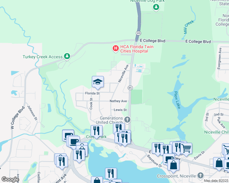 map of restaurants, bars, coffee shops, grocery stores, and more near 104 Azalea Drive in Niceville