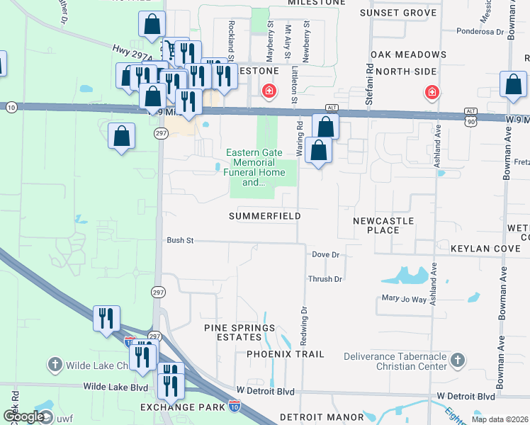 map of restaurants, bars, coffee shops, grocery stores, and more near 2009 Larkspur Circle in Pensacola