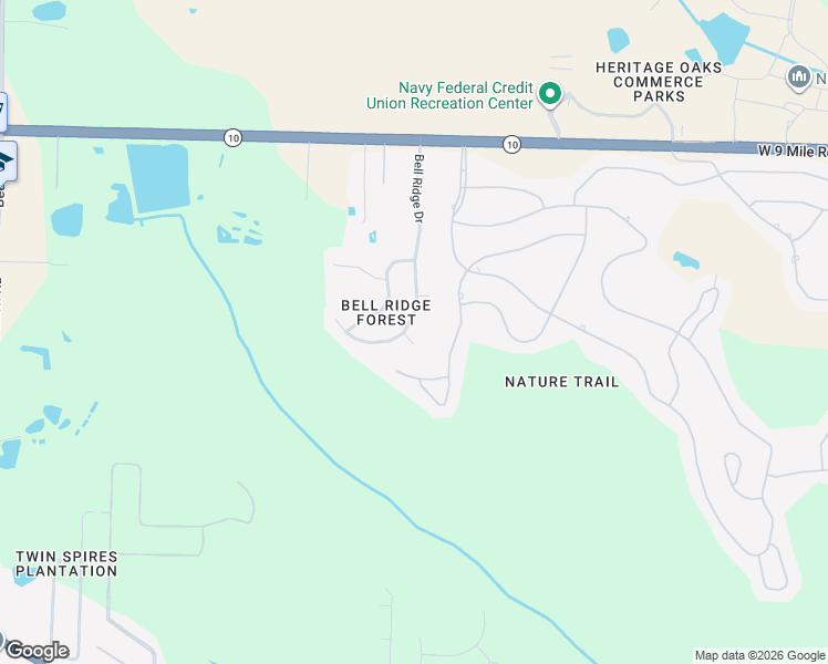 map of restaurants, bars, coffee shops, grocery stores, and more near 9249 Bell Ridge Drive in Pensacola