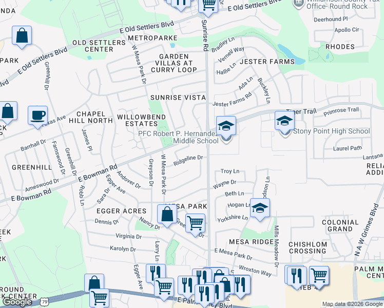map of restaurants, bars, coffee shops, grocery stores, and more near 2010 Ridgetop Drive in Round Rock