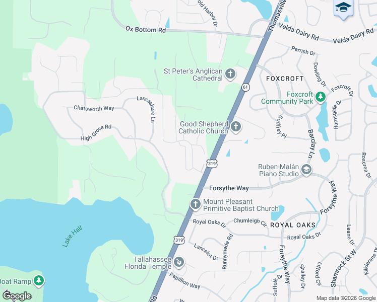 map of restaurants, bars, coffee shops, grocery stores, and more near 2287 West Lake Hall Road in Tallahassee