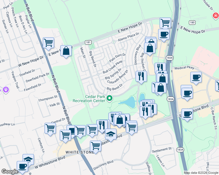 map of restaurants, bars, coffee shops, grocery stores, and more near 1409 Colorado Bend Drive in Cedar Park