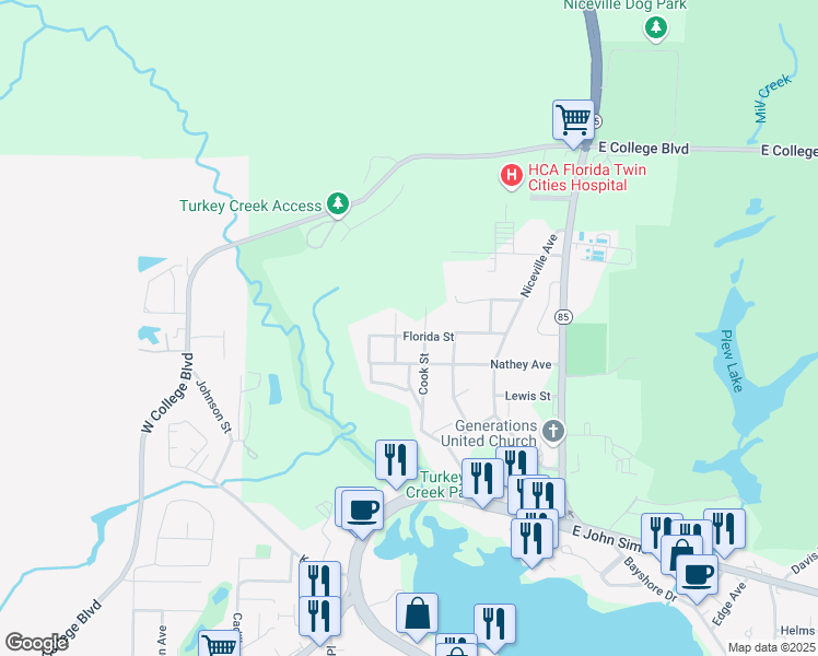 map of restaurants, bars, coffee shops, grocery stores, and more near 320 Florida Street in Niceville