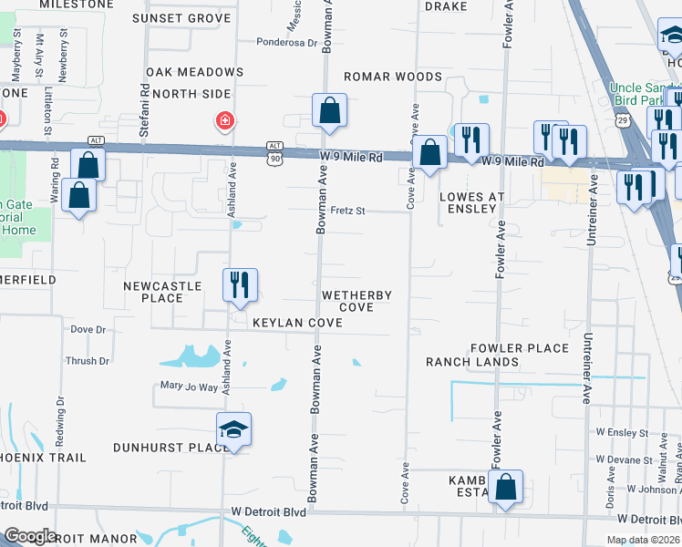 map of restaurants, bars, coffee shops, grocery stores, and more near 9060 Bowman Avenue in Pensacola