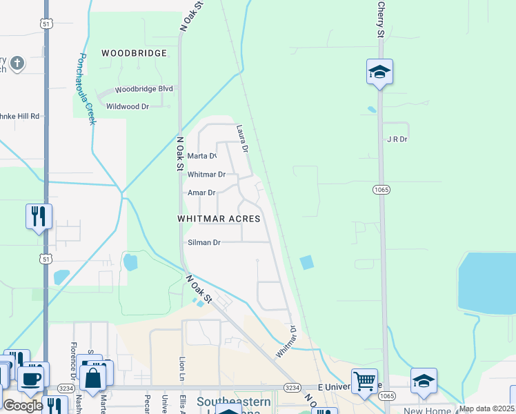 map of restaurants, bars, coffee shops, grocery stores, and more near 10 Kay Lane in Hammond