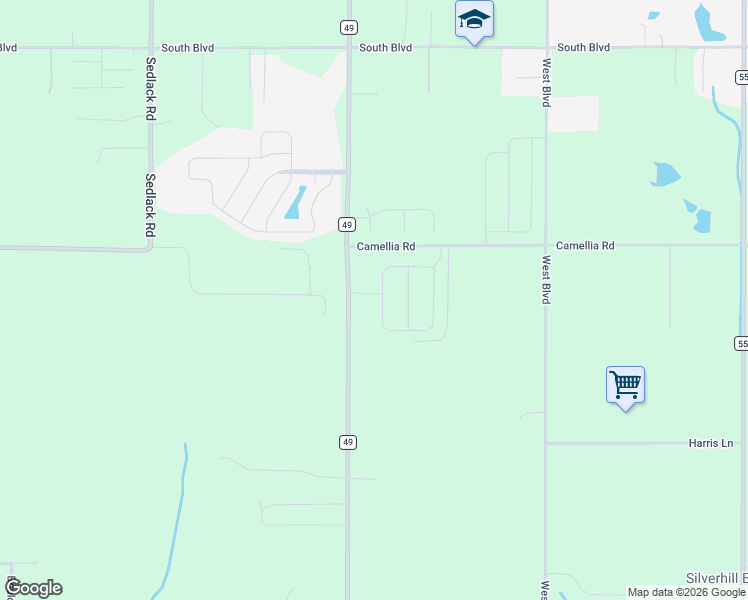 map of restaurants, bars, coffee shops, grocery stores, and more near 20848 County Road 49 in Silverhill