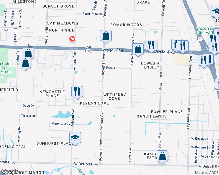 map of restaurants, bars, coffee shops, grocery stores, and more near 9030 Bowman Avenue in Pensacola