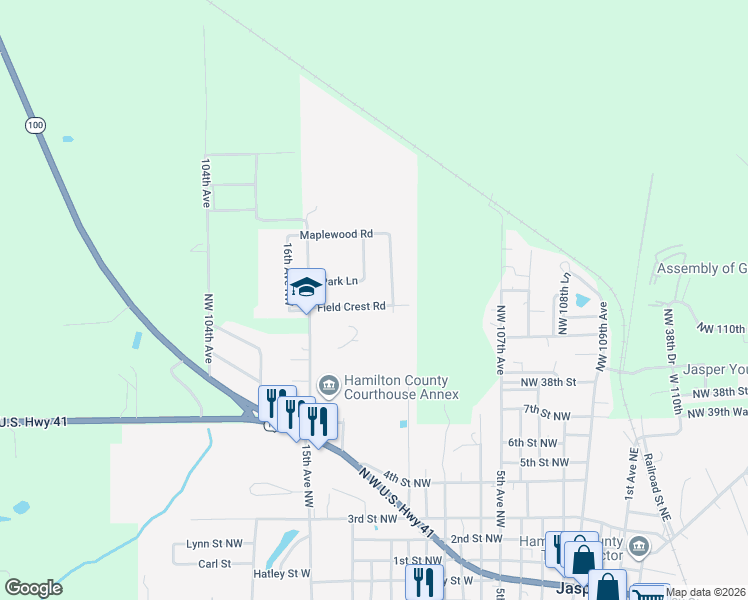 map of restaurants, bars, coffee shops, grocery stores, and more near 1120 Park Lane in Jasper