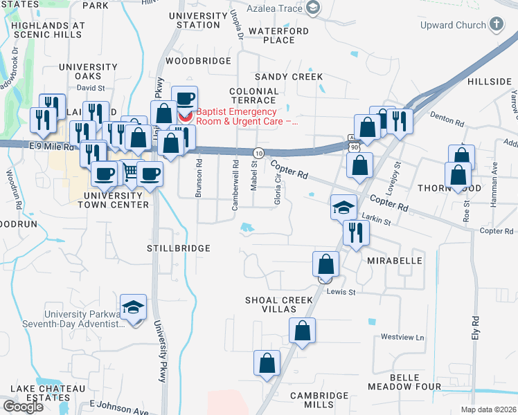 map of restaurants, bars, coffee shops, grocery stores, and more near Gloria Circle in Pensacola