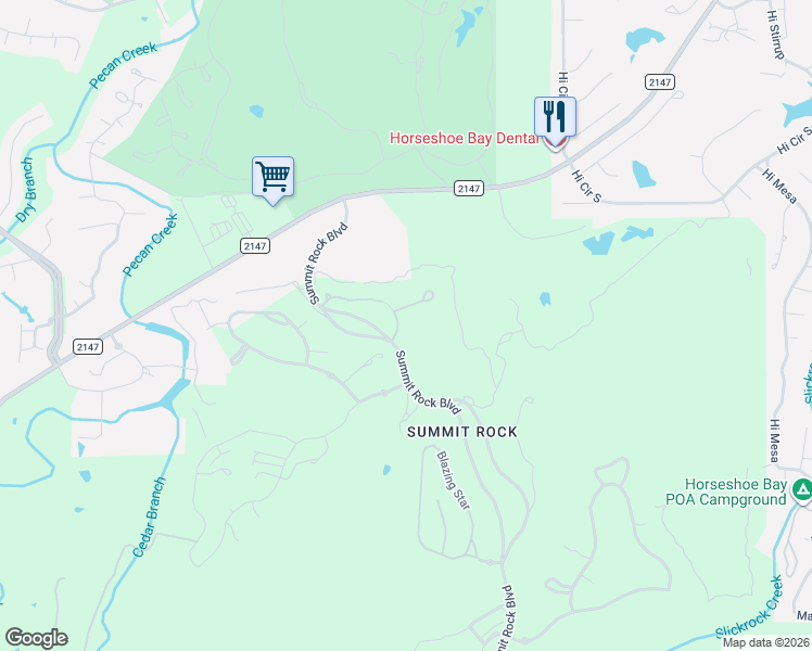 map of restaurants, bars, coffee shops, grocery stores, and more near 202 Azalea Loop in Horseshoe Bay