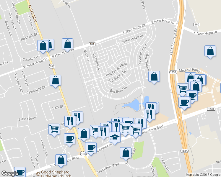 map of restaurants, bars, coffee shops, grocery stores, and more near 1444 Big Bend Drive in Cedar Park