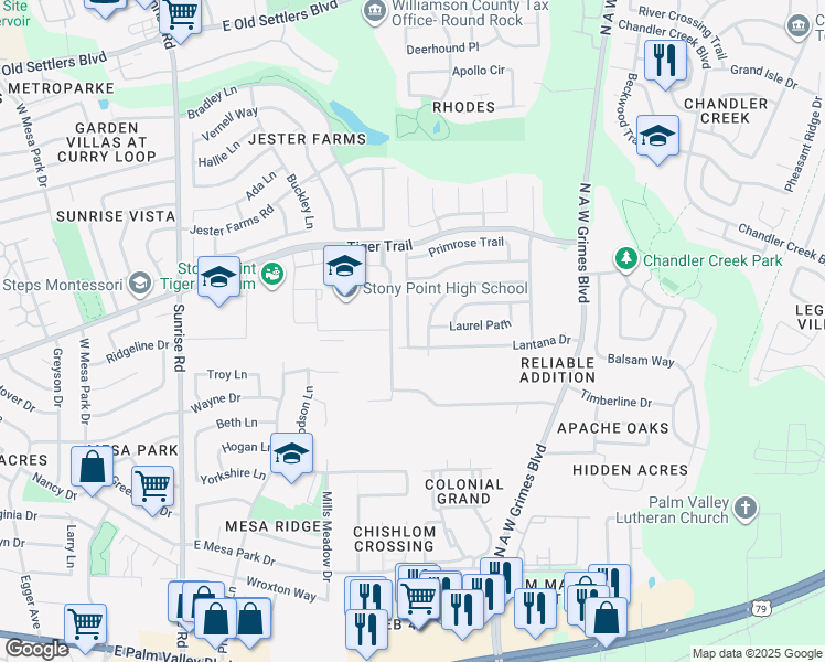 map of restaurants, bars, coffee shops, grocery stores, and more near 1805 Buckeye Lane in Round Rock