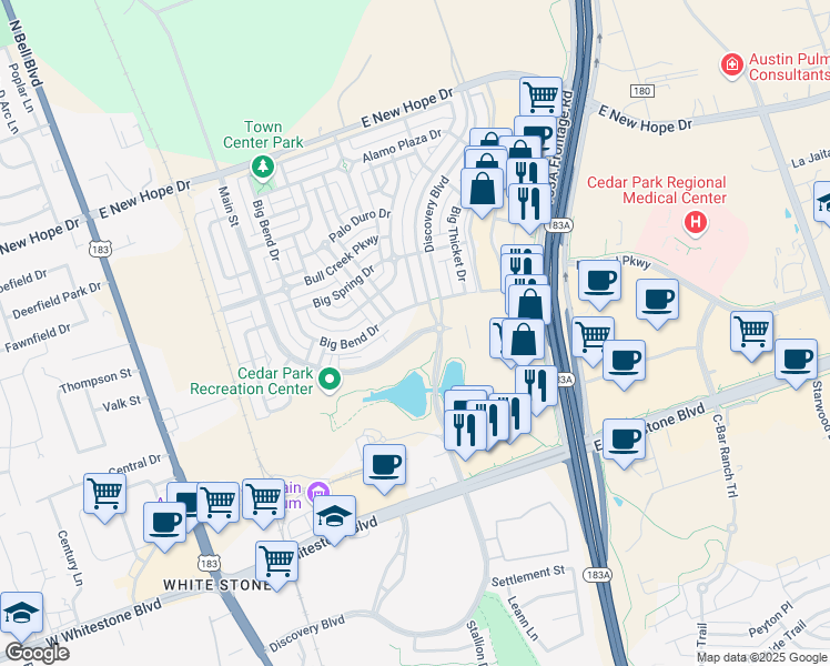 map of restaurants, bars, coffee shops, grocery stores, and more near 1340 Main Street in Cedar Park