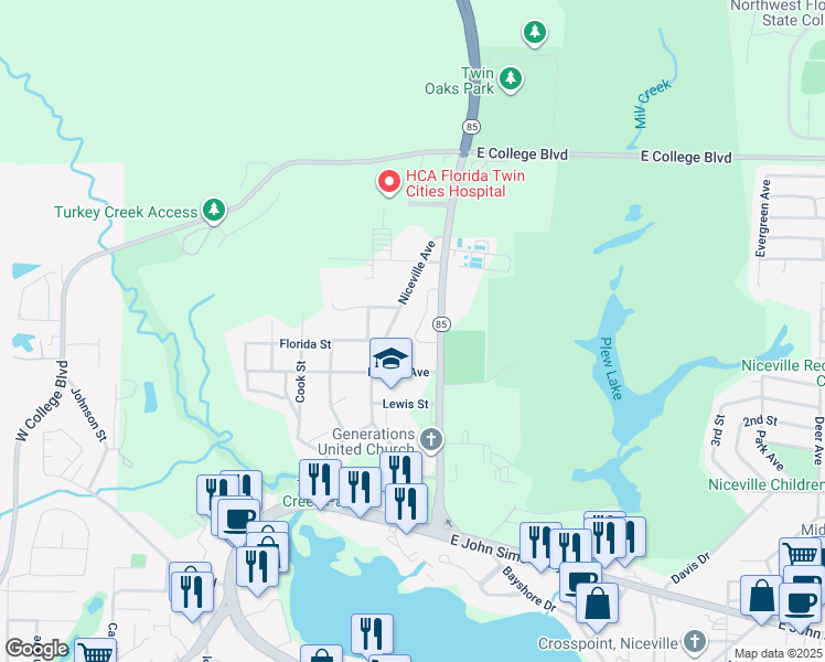 map of restaurants, bars, coffee shops, grocery stores, and more near 118 Arrowhead Way in Niceville