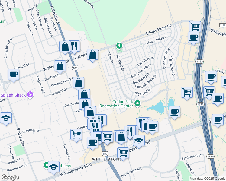 map of restaurants, bars, coffee shops, grocery stores, and more near 1517 Davis Mountain Loop in Cedar Park