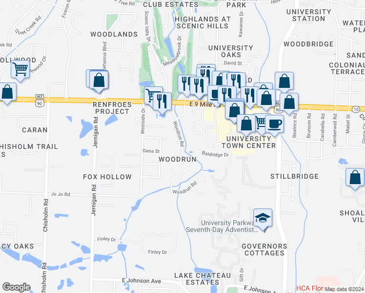 map of restaurants, bars, coffee shops, grocery stores, and more near Woodrun Road in Pensacola