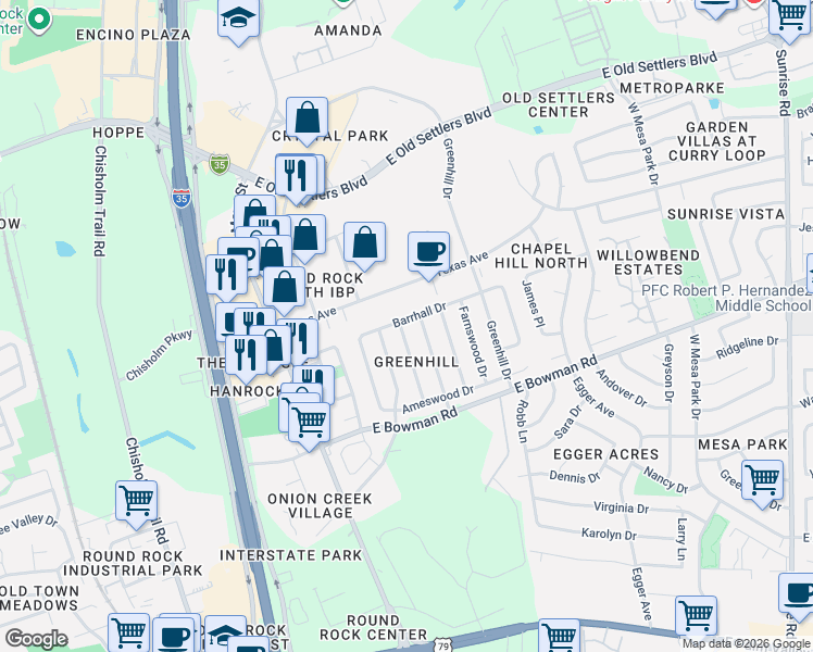 map of restaurants, bars, coffee shops, grocery stores, and more near 208 Barrhall Drive in Round Rock