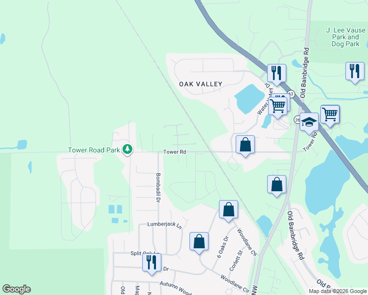map of restaurants, bars, coffee shops, grocery stores, and more near 5528 Green Meadows Court in Tallahassee