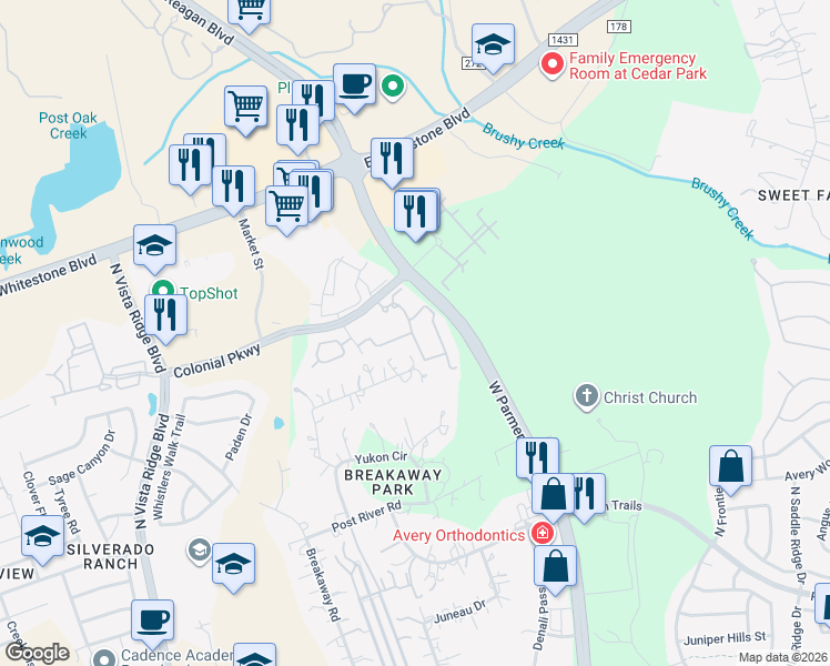 map of restaurants, bars, coffee shops, grocery stores, and more near 3000 Colonial Parkway in Cedar Park
