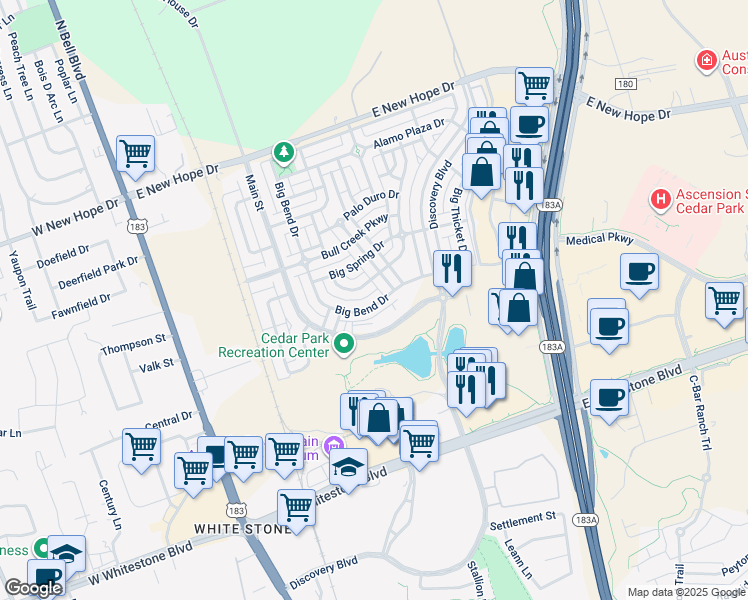 map of restaurants, bars, coffee shops, grocery stores, and more near 1501 Hill Country Drive in Cedar Park