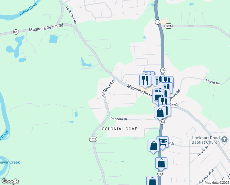 map of restaurants, bars, coffee shops, grocery stores, and more near 31852 Old River Road in Denham Springs
