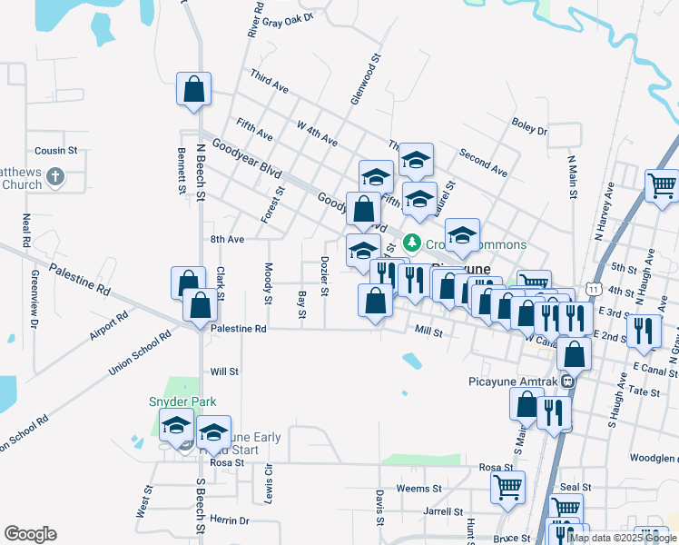 map of restaurants, bars, coffee shops, grocery stores, and more near 1001 Small Street in Picayune